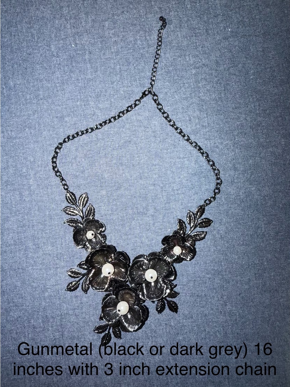 Gunmetal Floral Statement Necklace with Pearl Accents